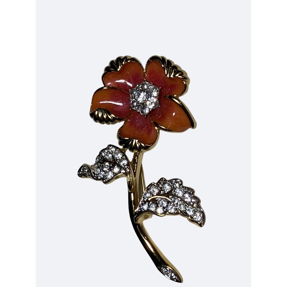 Nolan Miller Signed Coral Color Enamel Rhinestones Flower Brooch Vintage